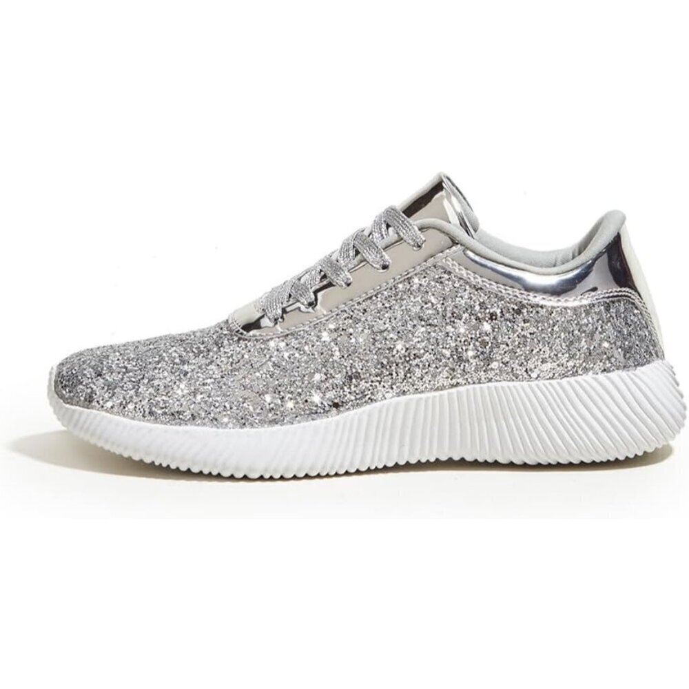 Brand New Women Silver Rubber LUCKY STEP Glitter Metallic Sparkly Tennis Shoes